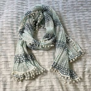 Ann Taylor Polka Dot Pom Pom Blue & White Scarf